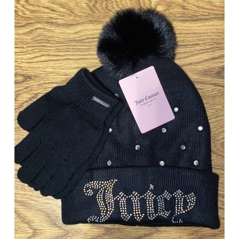 NWT Juicy Couture Girls Black Beanie Hat Mitten Combo Set